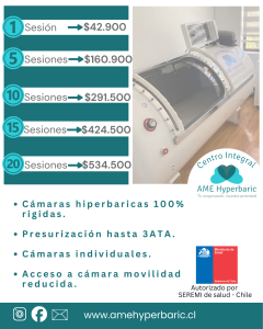 Valores 2026 de cámara hiperbárica en AME Hyperbaric, centro autorizado por SEREMI de Salud en Providencia, Santiago.